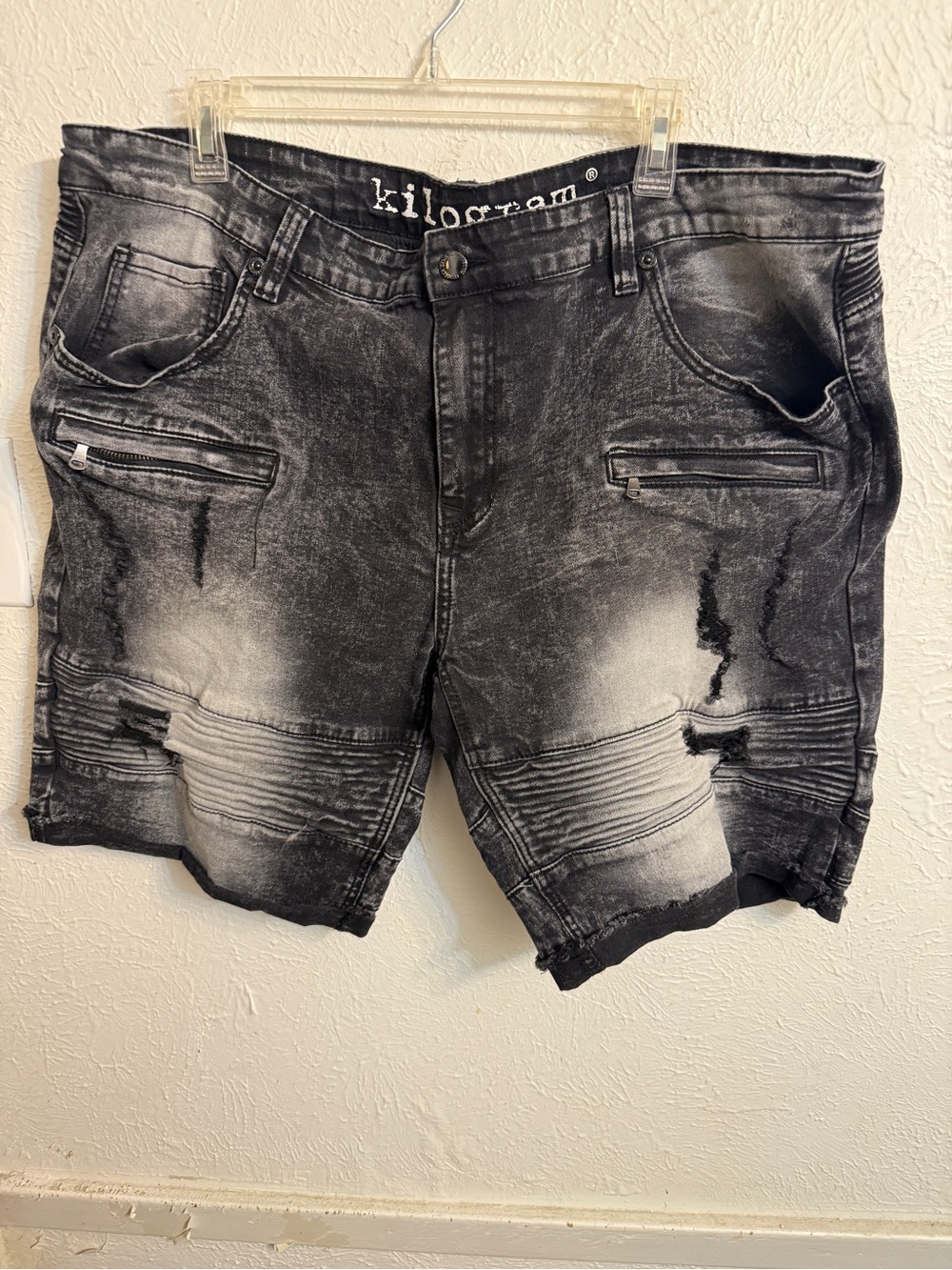 Kilogram Men's Washed Black Distressed Denim Shorts
